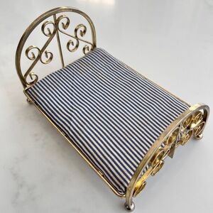 vintage miniature dollhouse bed metal frame gold tone blue white stripe mattress